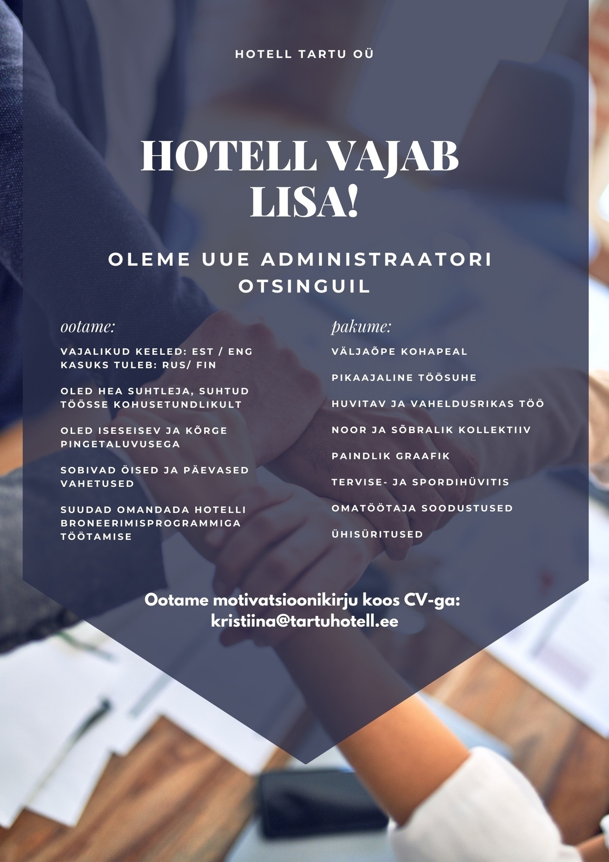 HOTELL TARTU OÜ Vastuvõtuadministraator