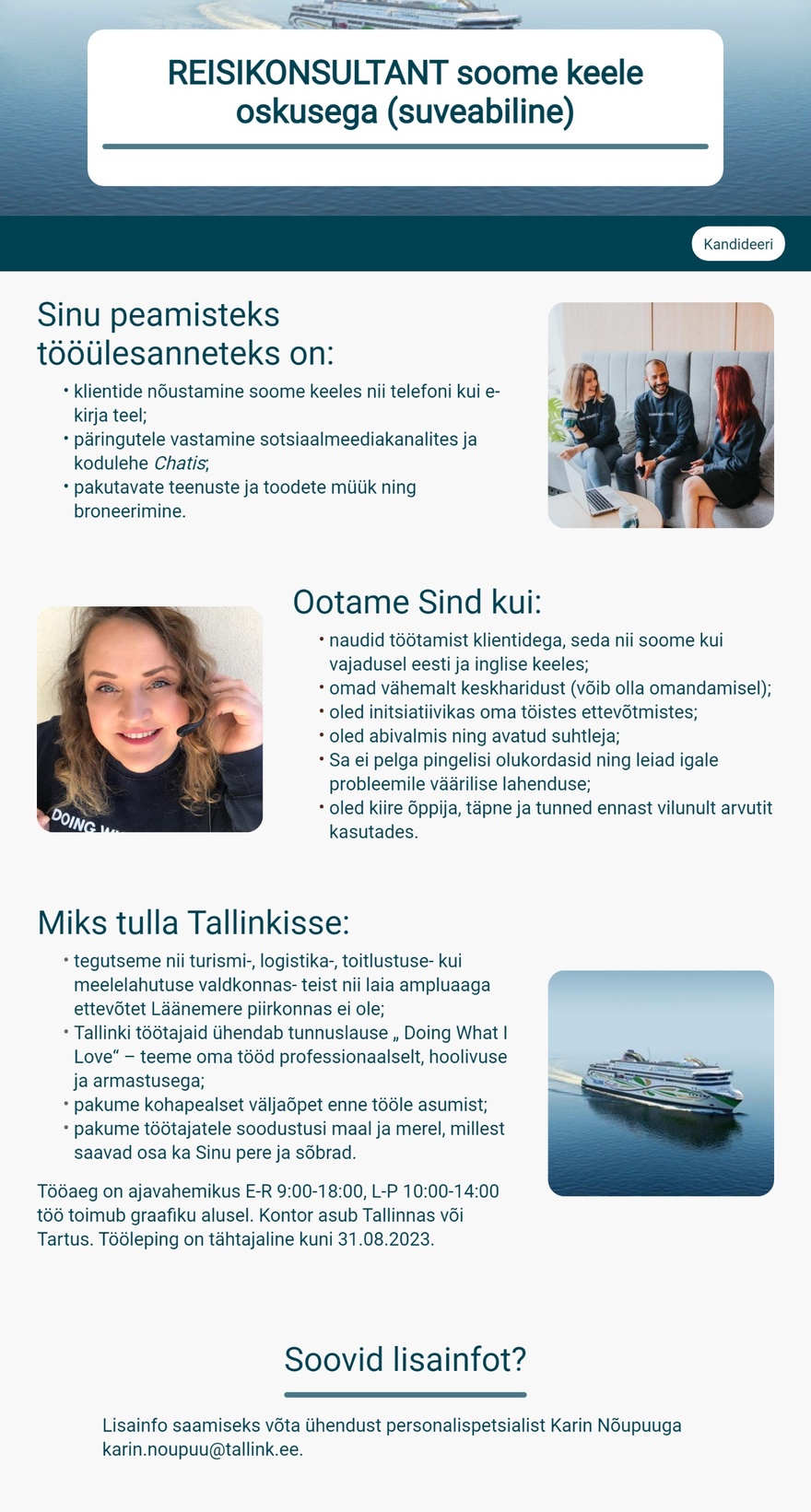 Tallink Grupp AS Soome keele oskusega reisikonsultant (suveabiline)