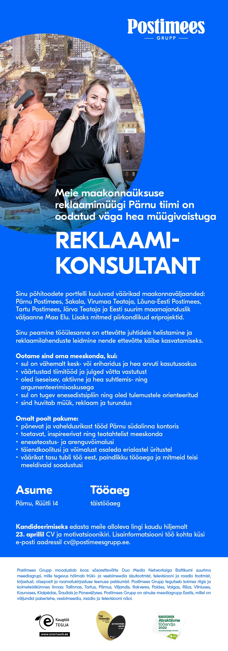 CV Keskus tööpakkumine Postimees Grupp Reklaamikonsultant (Pärnu),  2023-04-12