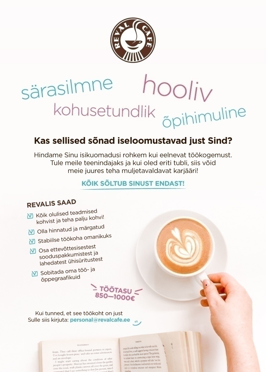 Esperan OÜ Reval Cafe Otsime särasilmset teenindajat Kumu kunstimuuseumi kohvikusse!