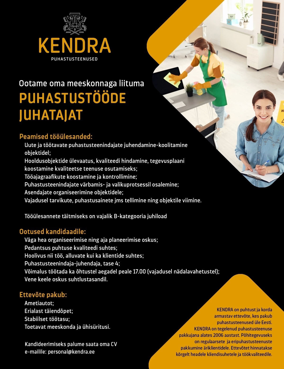 Kendra OÜ Puhastustööde juhataja