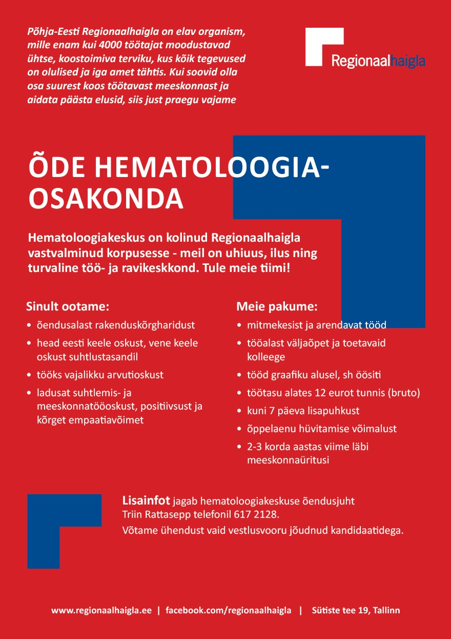 Põhja-Eesti Regionaalhaigla Õde hematoloogiaosakonda