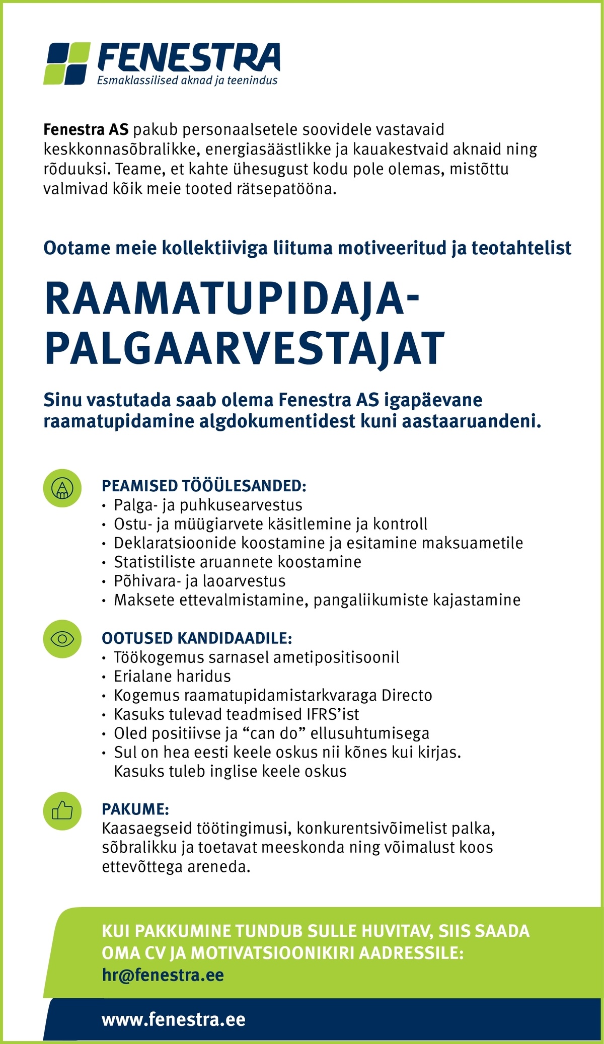 Fenestra AS Raamatupidaja-palgaarvestaja