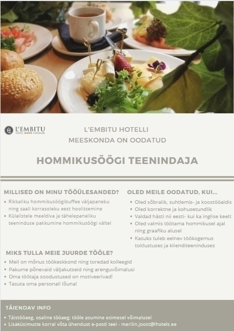 Hotel Lembitu OÜ HOTELL L'EMBITU HOMMIKUSÖÖGI TEENINDAJA