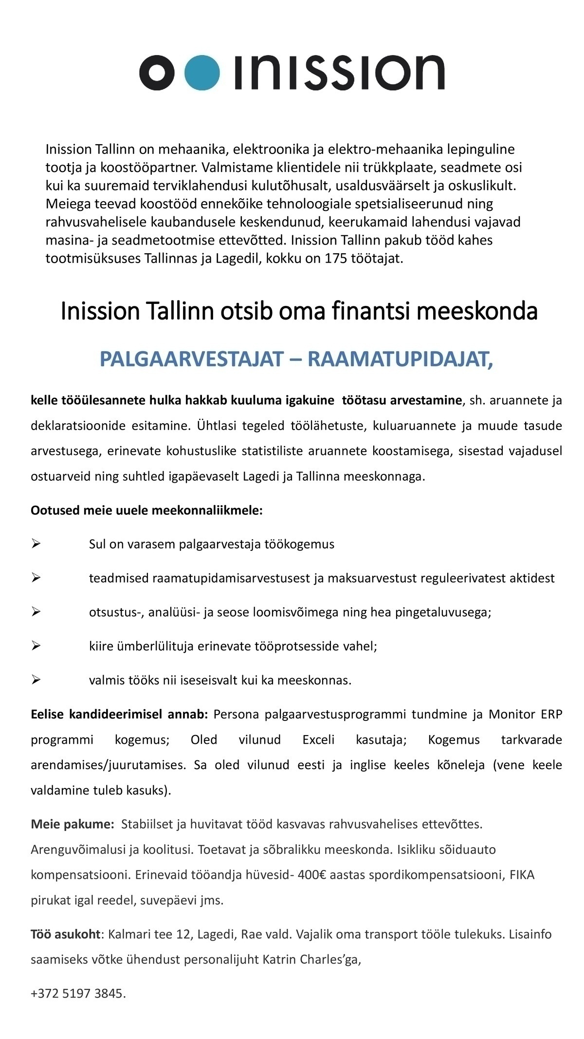 INISSION TALLINN OÜ Palgaarvestaja-raamatupidaja