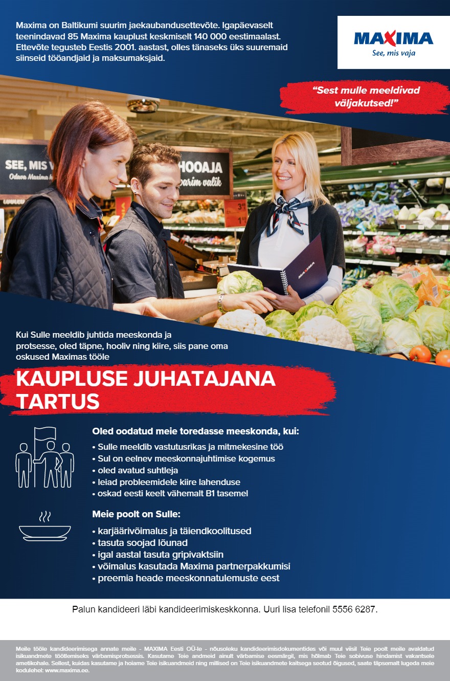 MAXIMA Eesti OÜ X kaupluse juhataja (Tartu)