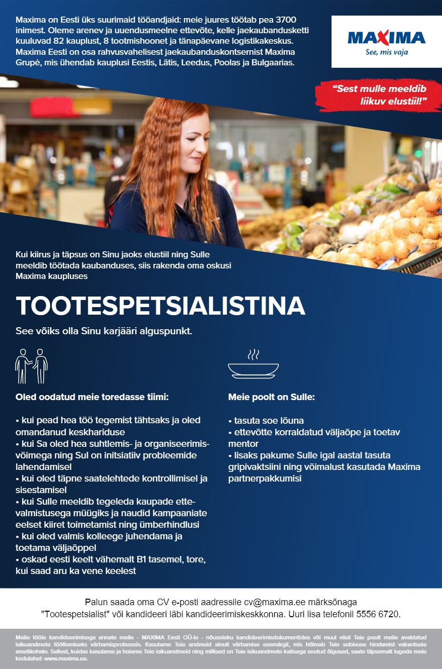 MAXIMA Eesti OÜ Tootespetsialist Pärnu Maximas, Riia mnt 131