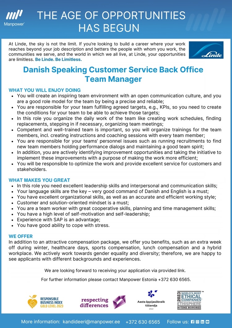 Manpower OÜ Danish Speaking Customer Service Back Office Team Manager