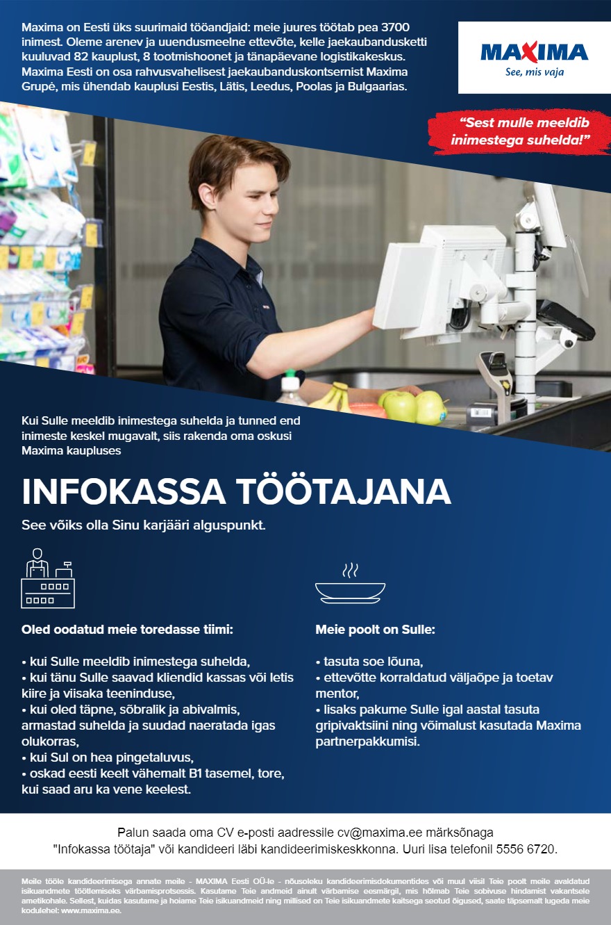 MAXIMA Eesti OÜ Konsultant-müüja Võru Maximas (Kooli 2)