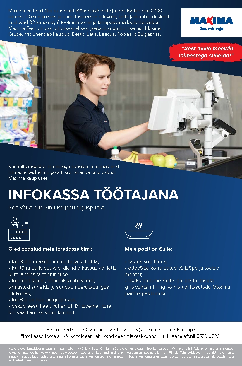 Maxima Eesti OÜ Konsultant-müüja Lasnamäe Maximas