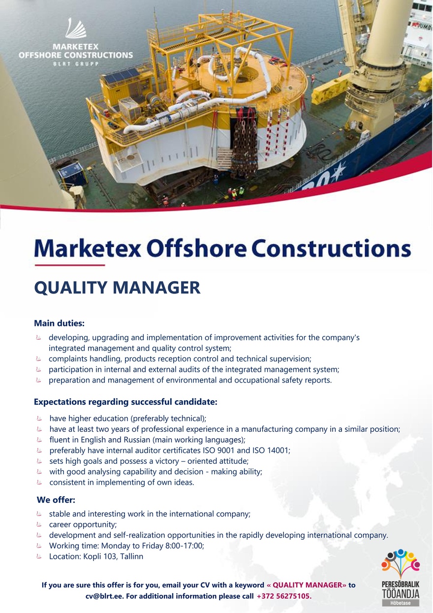 Marketex Offshore Constructions Quality manager