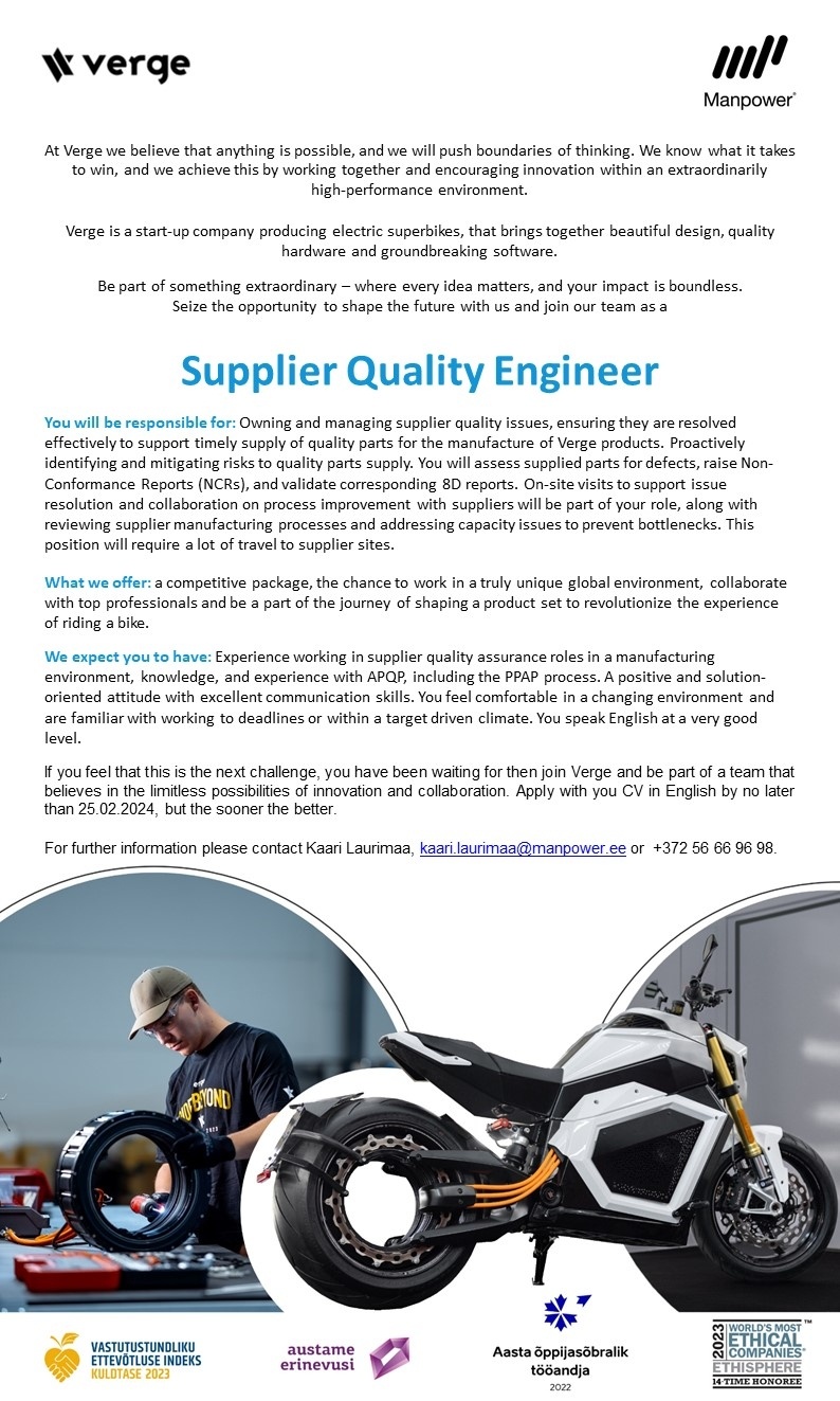 Manpower OÜ SUPPLIER QUALITY ENGINEER