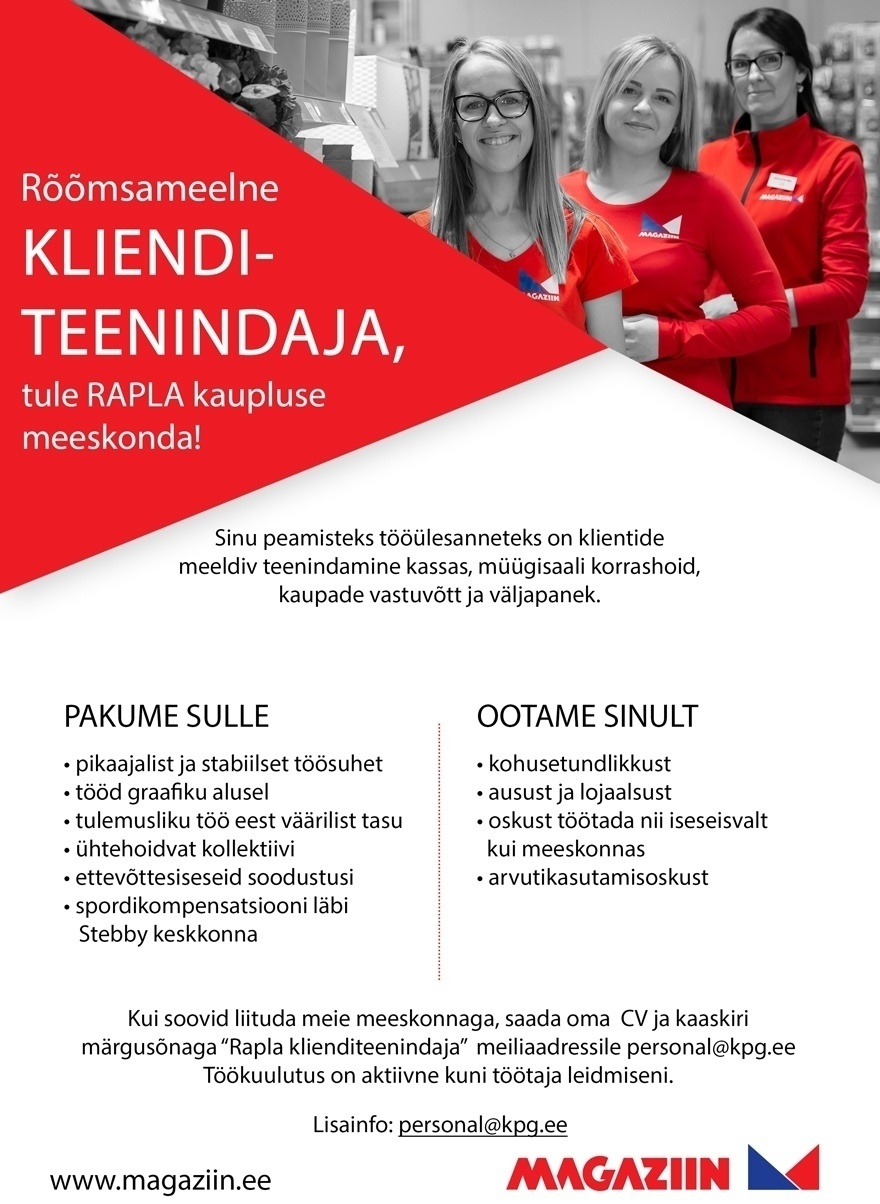 KPG Kaubanduse OÜ Rapla Magaziin klienditeenindaja