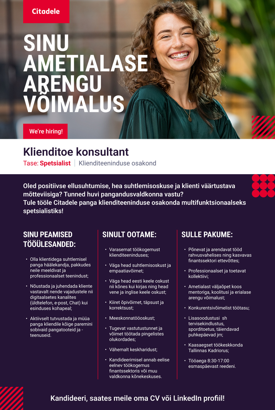 AS CITADELE BANKA EESTI FILIAAL Klienditoe konsultant