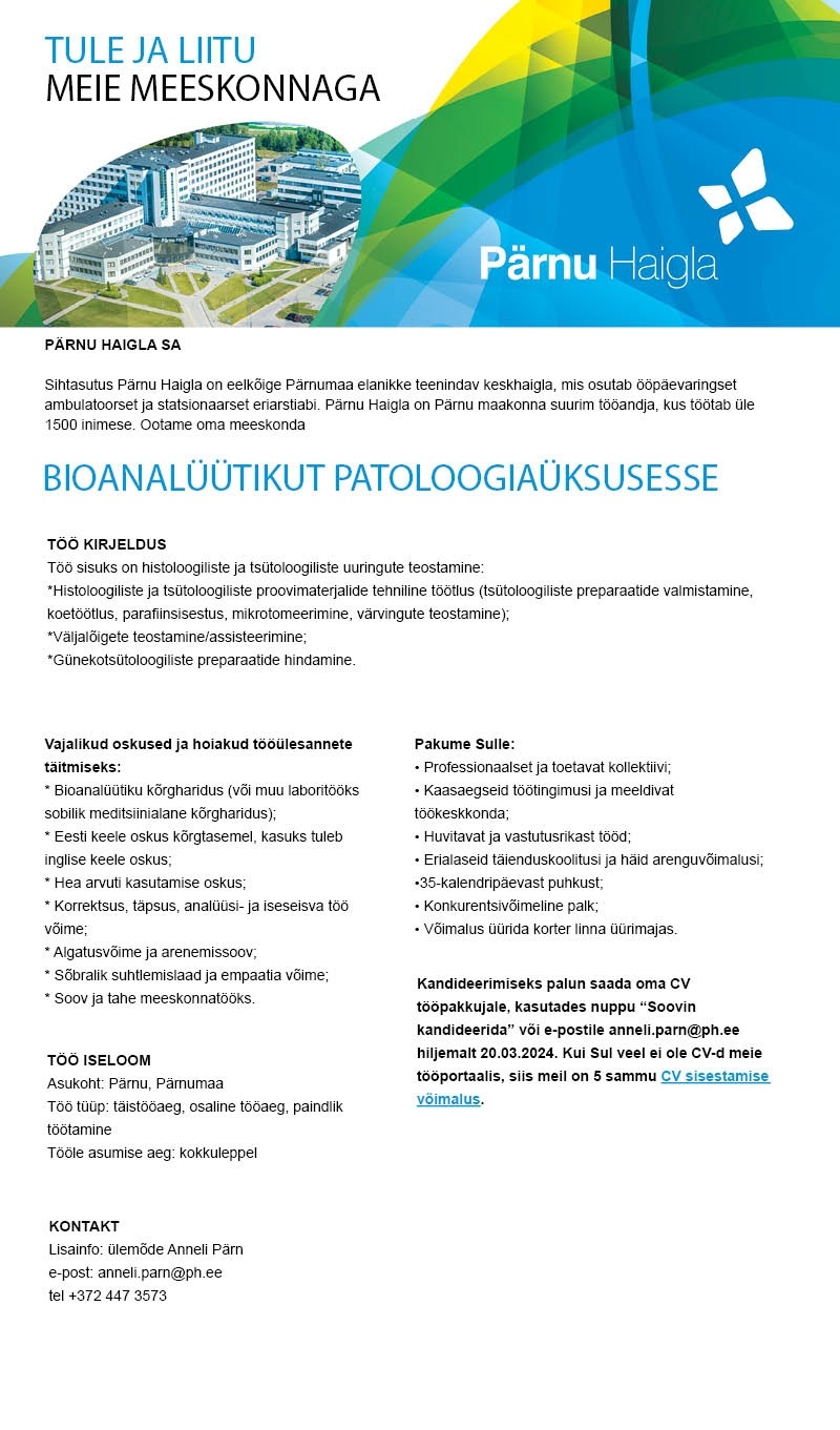 Pärnu Haigla SA Bioanalüütik patoloogiaüksuses