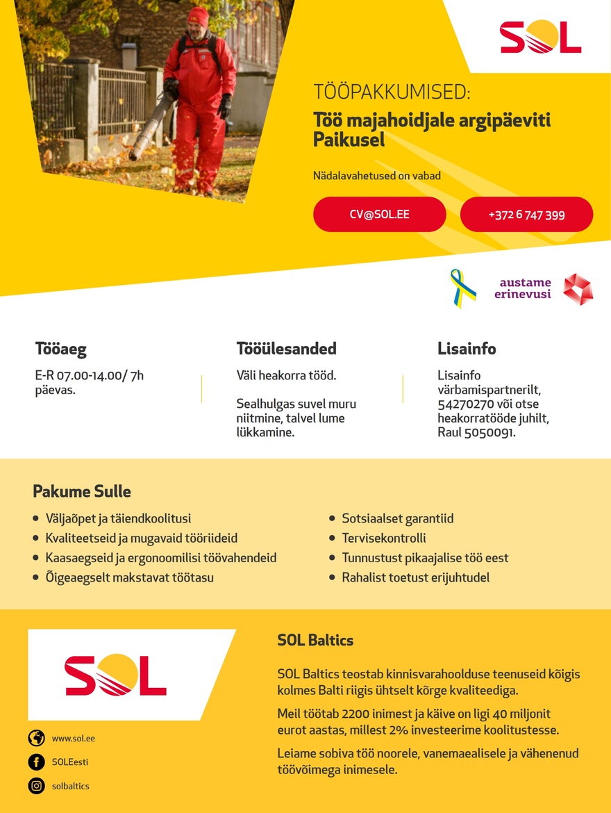 SOL Baltics OÜ Töö majahoidjale argipäeviti Paikusel