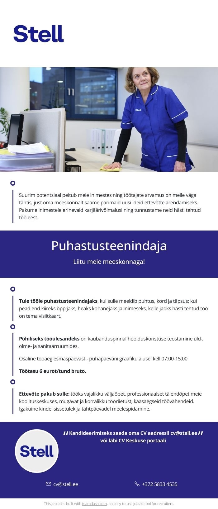 Stell Eesti AS Pakume tööd puhastusteenindajale kaubanduspinnal Tabasalus