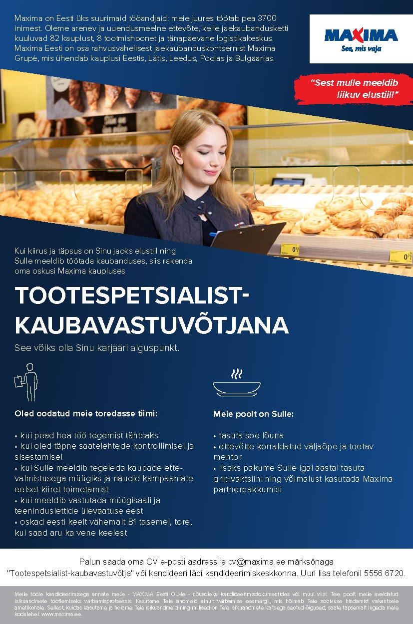 Maxima Eesti OÜ Tootespetsialist Kopli Maximas