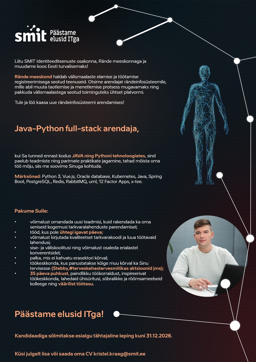 Siseministeeriumi infotehnoloogia- ja arenduskeskus Java-Python full-stack arendaja