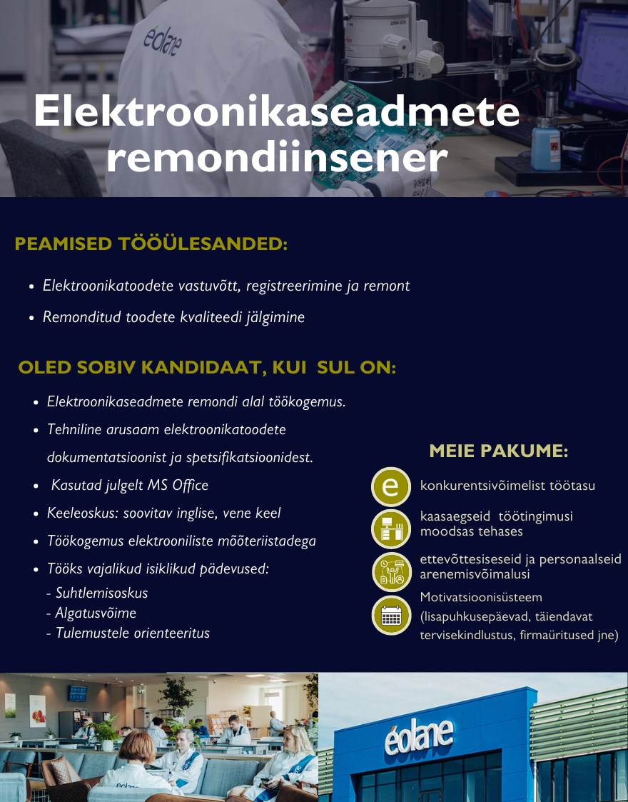 éolane Tallinn AS Elektroonikaseadmete remondiinsener