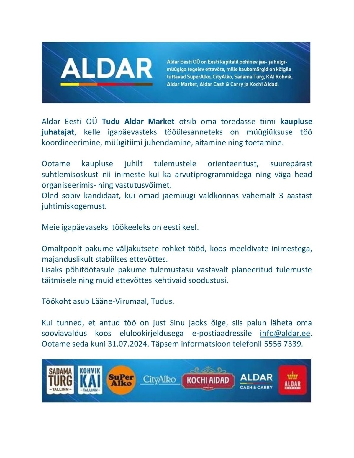 Aldar Eesti OÜ Tudu Aldar Marketi kaupluse juhataja