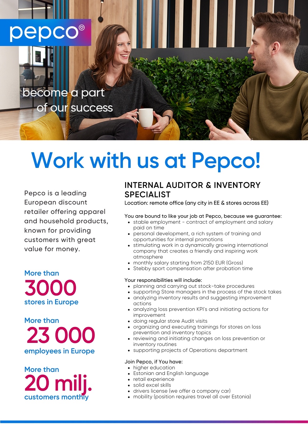 Pepco Estonia OÜ INTERNAL AUDITOR & INVENTORY SPECIALIST