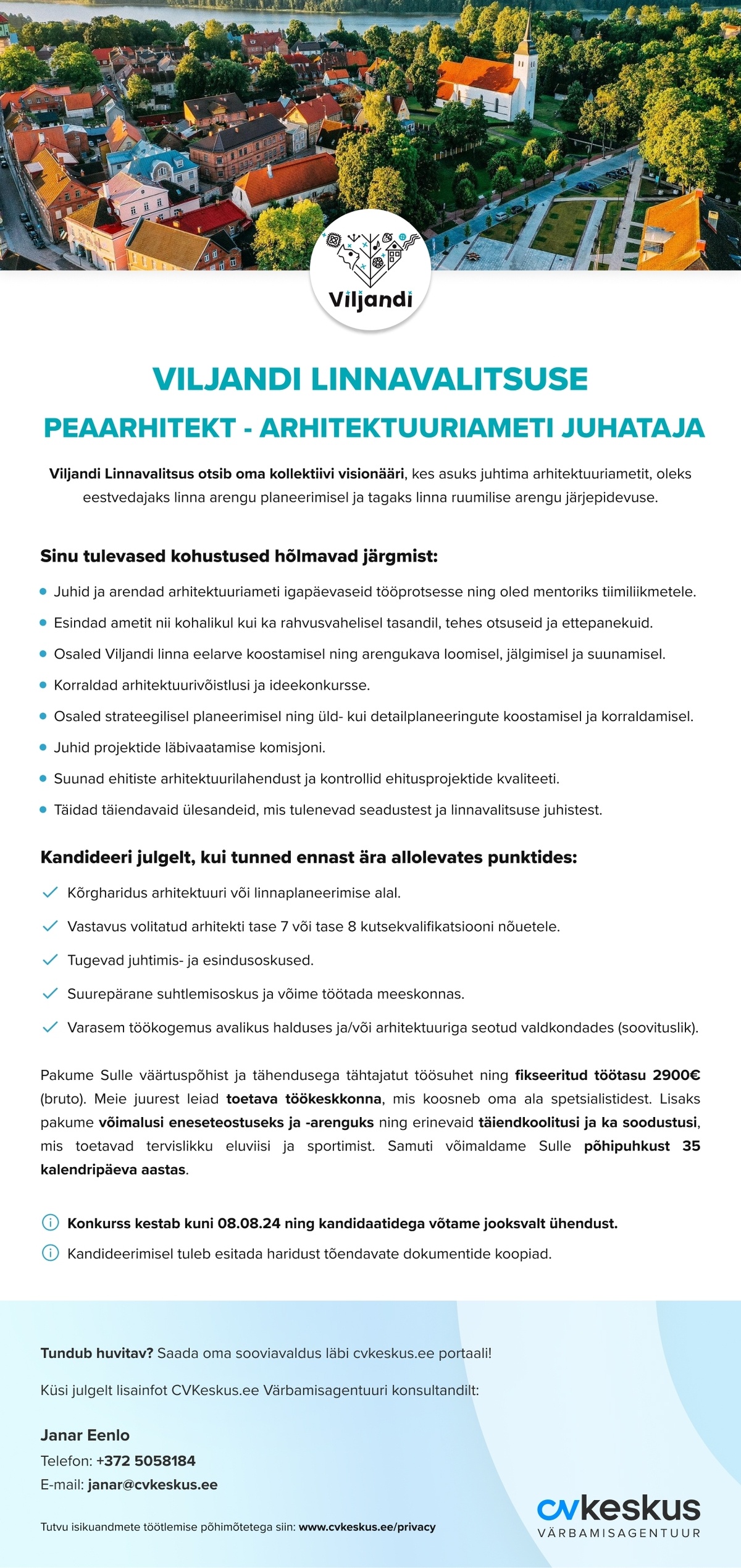 Viljandi Linnavalitsus PEAARHITEKT - ARHITEKTUURIAMETI JUHATAJA