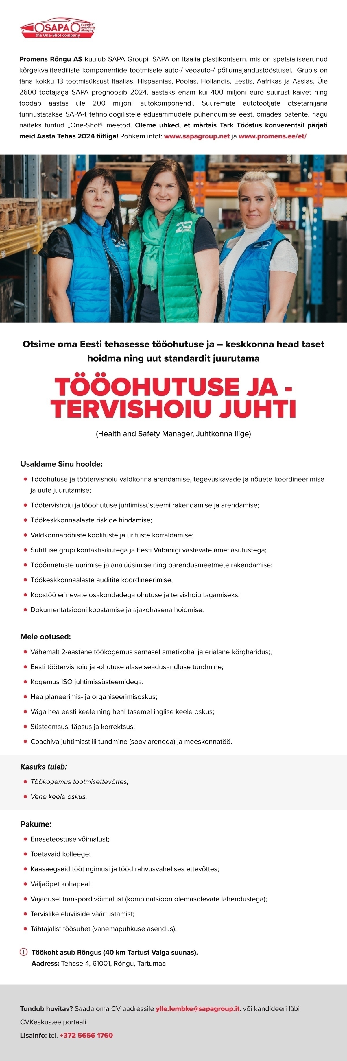 PROMENS RÕNGU AS Tööohutuse ja -tervishoiu juht