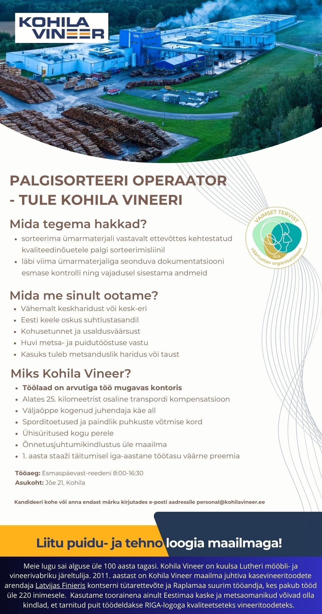 Kohila Vineer OÜ Palgisorteeri operaator E-R