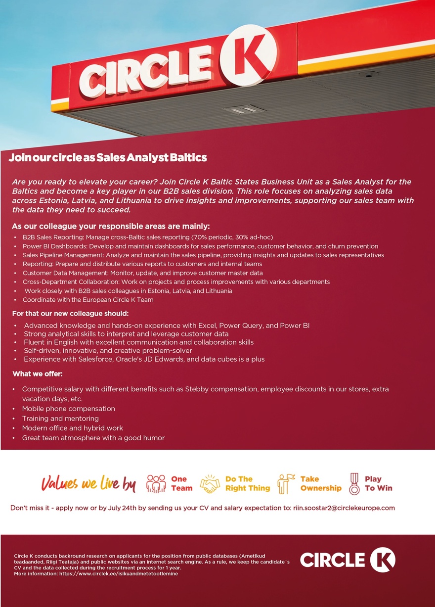 Circle K Eesti AS Sales Analyst Baltics