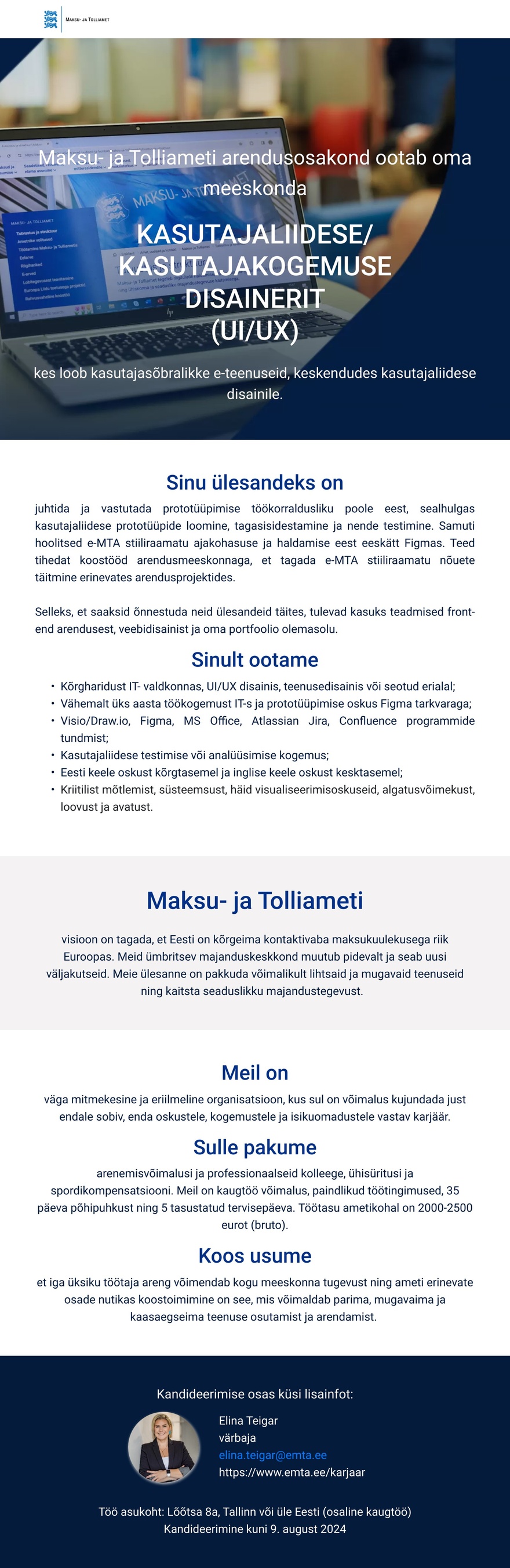 Maksu- ja Tolliamet Kasutajaliidese/Kasutajakogemuse disainer (UI/UX)