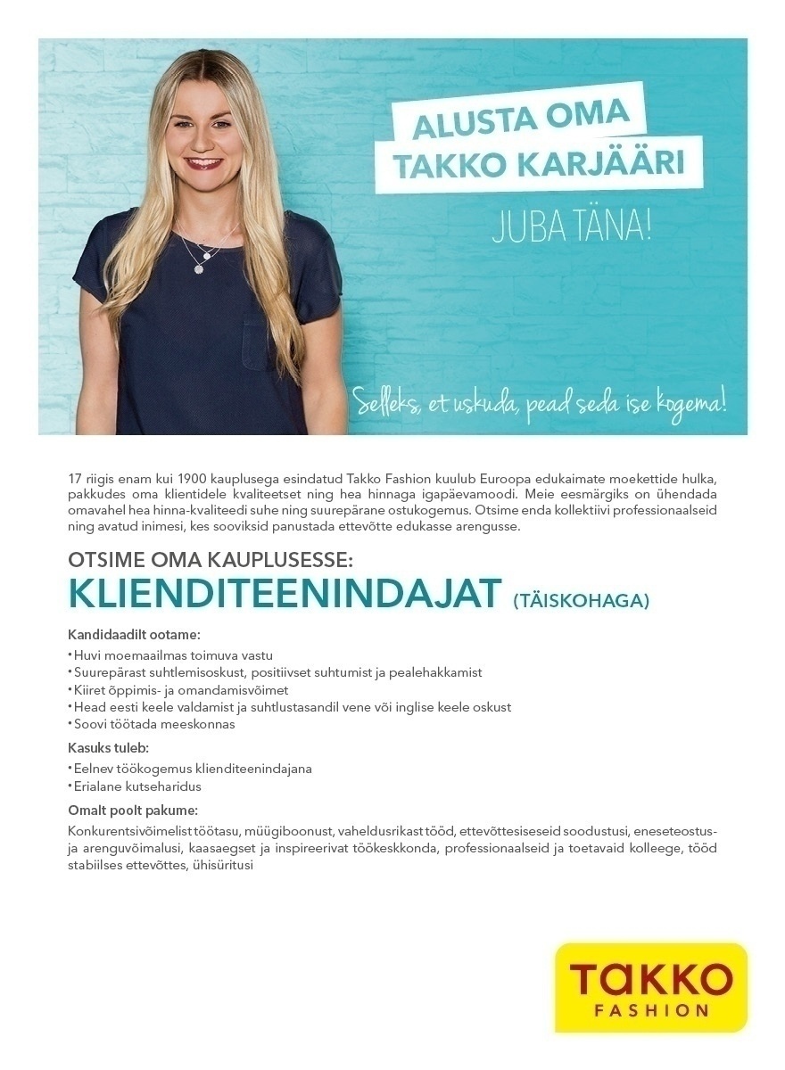 TAKKO FASHION Klienditeenindaja Rannarootsi keskuse Takko