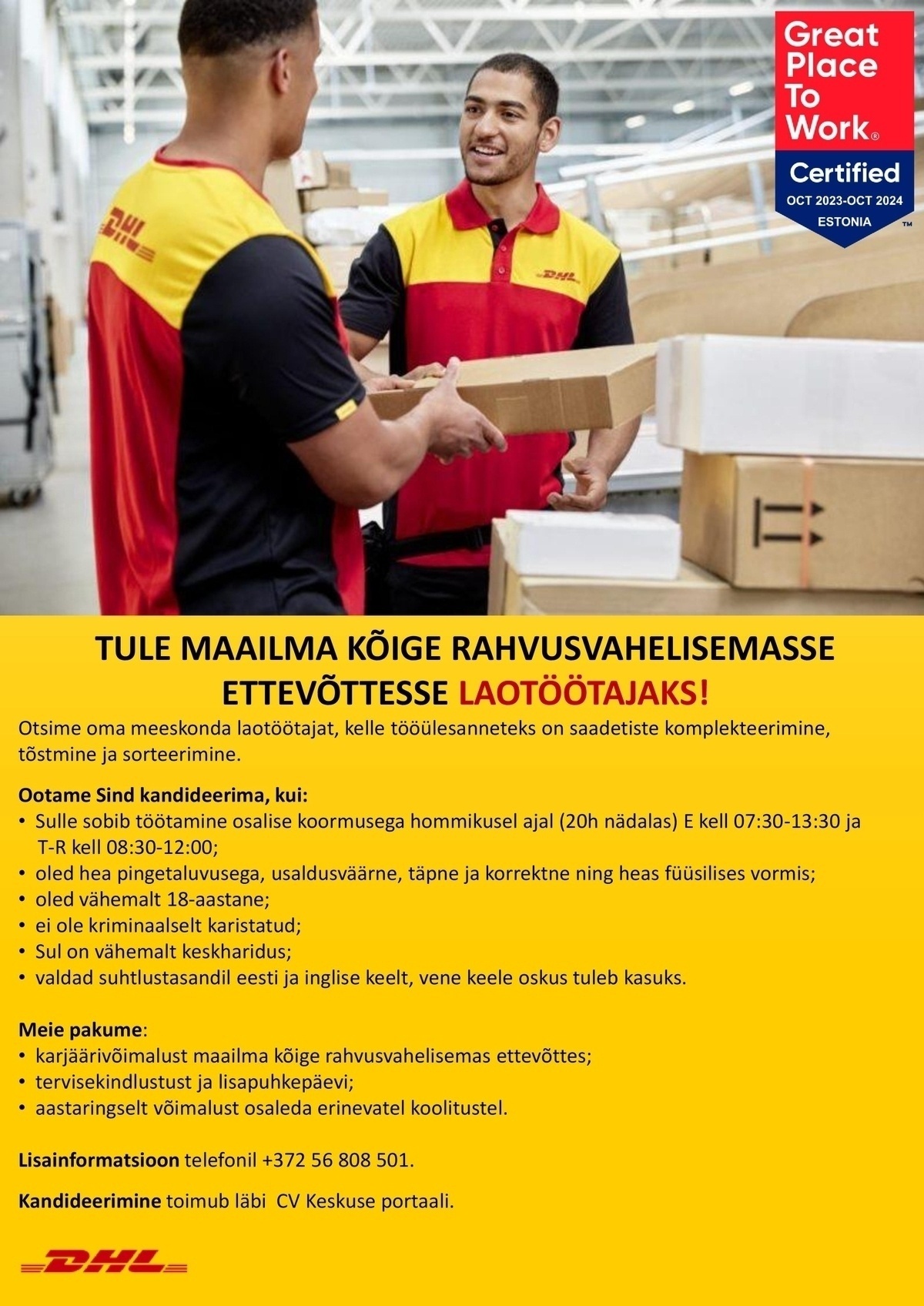 DHL Express Estonia AS Laotöötaja (osalise koormusega hommikusse vahetusse)