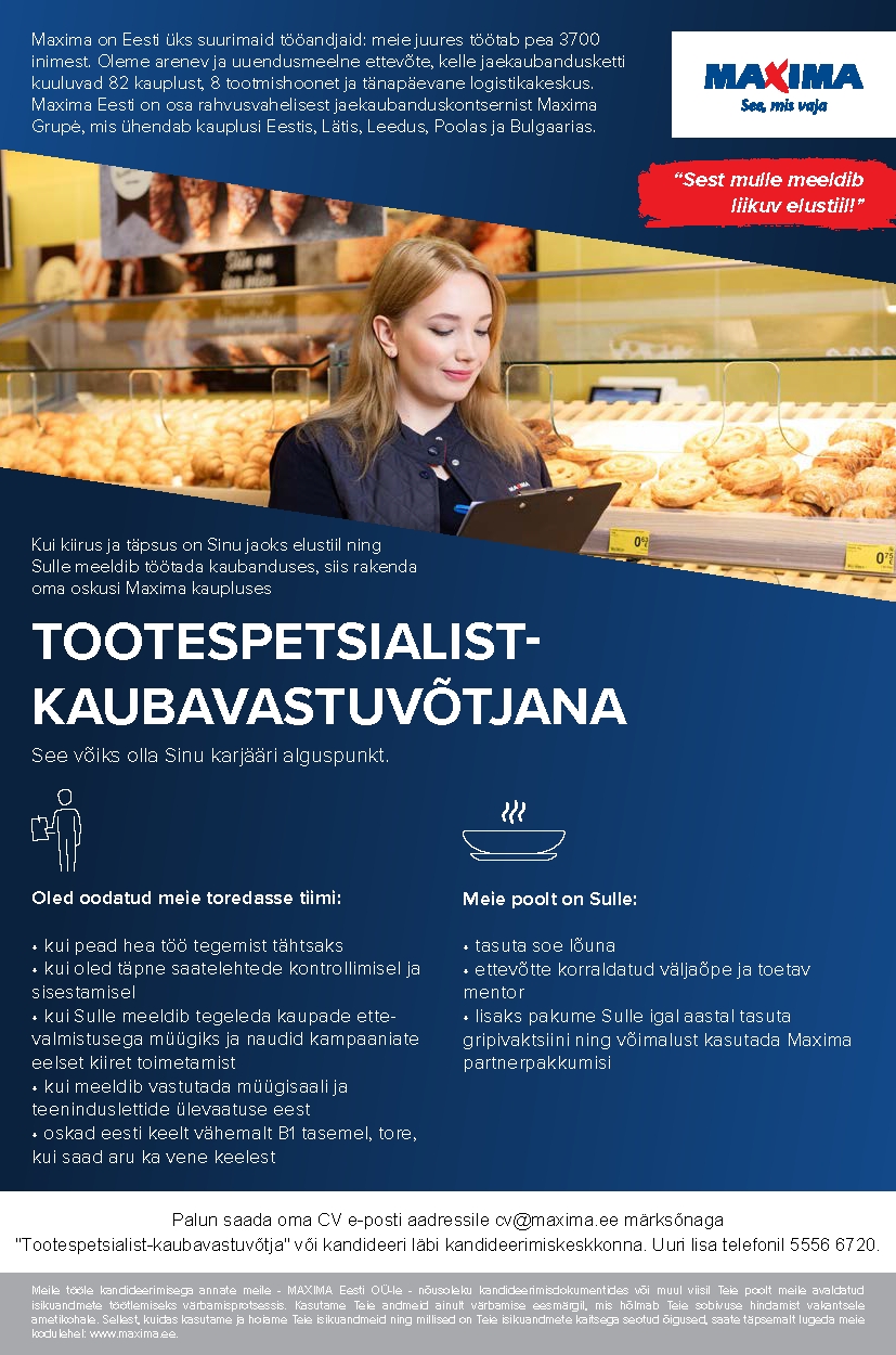 Maxima Eesti OÜ T265 Tootespetsialist Tondiraba Maximasse