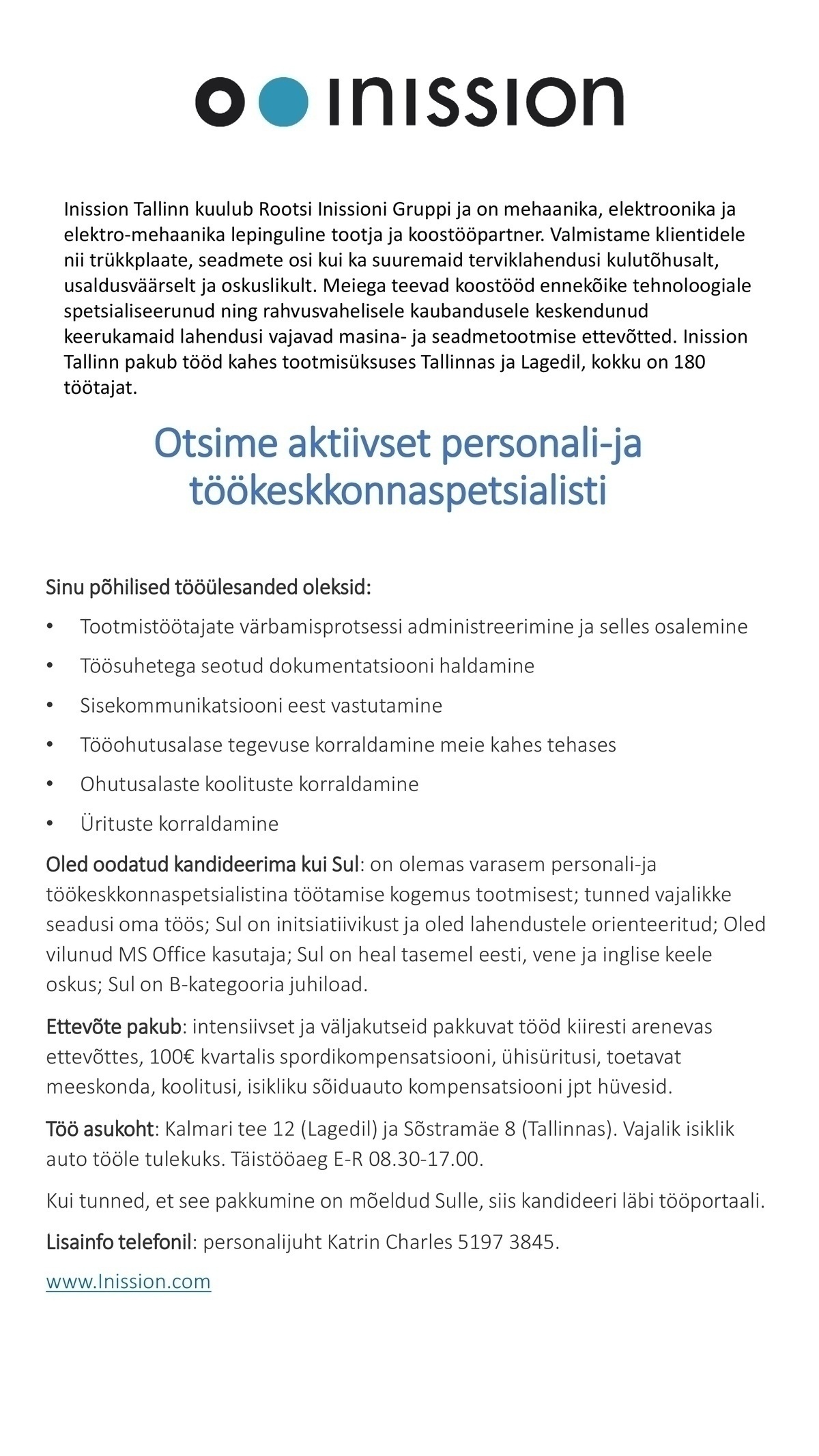 INISSION TALLINN OÜ Personali-ja töökeskkonnaspetsialist