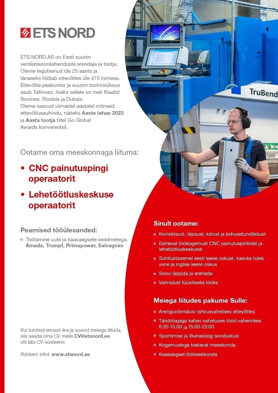 ETS NORD AS CNC painutuspingi operaator ja Lehetöötluskeskuse operaator