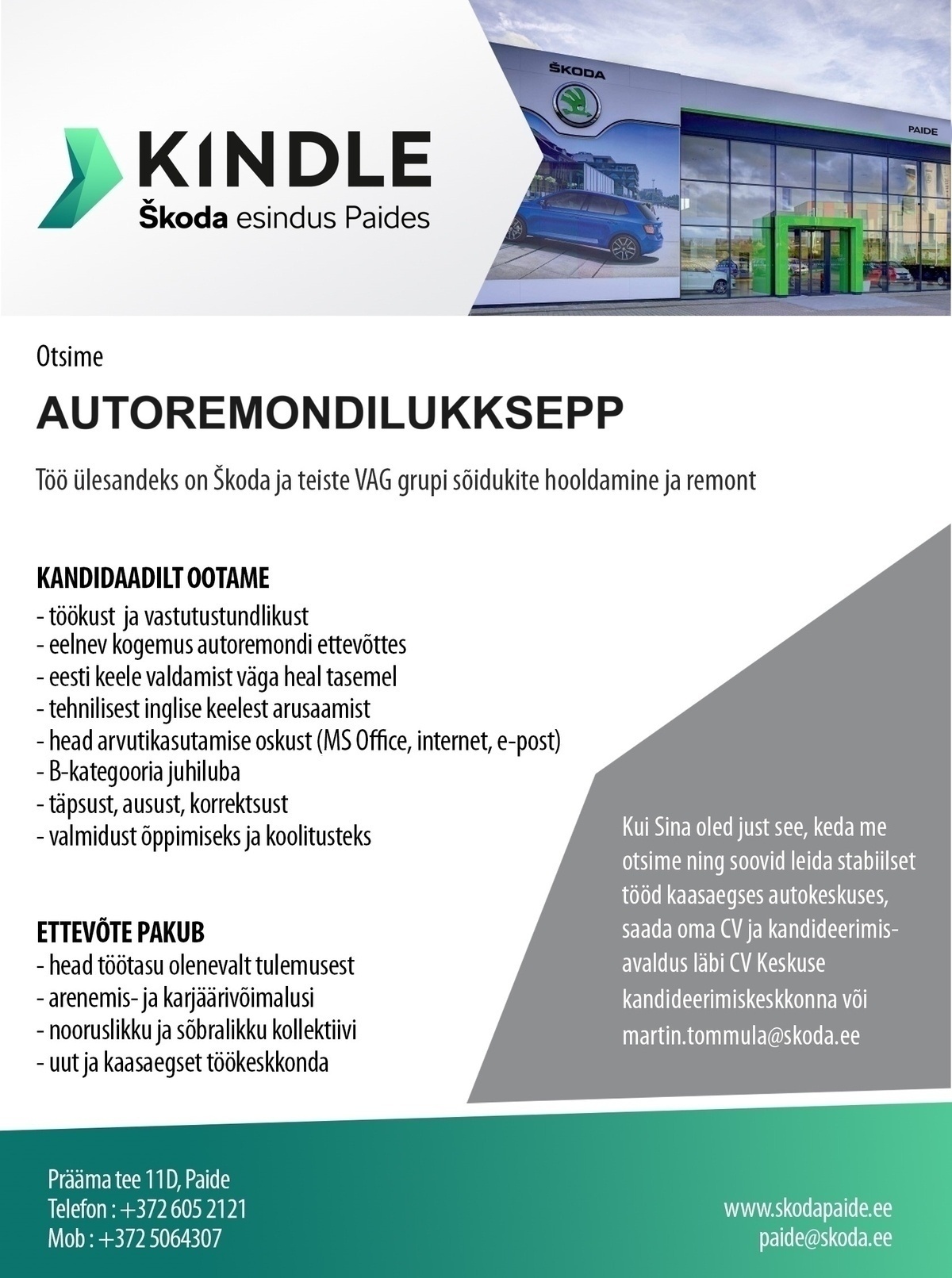 Kindle OÜ - Škoda esindus Paides Autoremondilukksepp