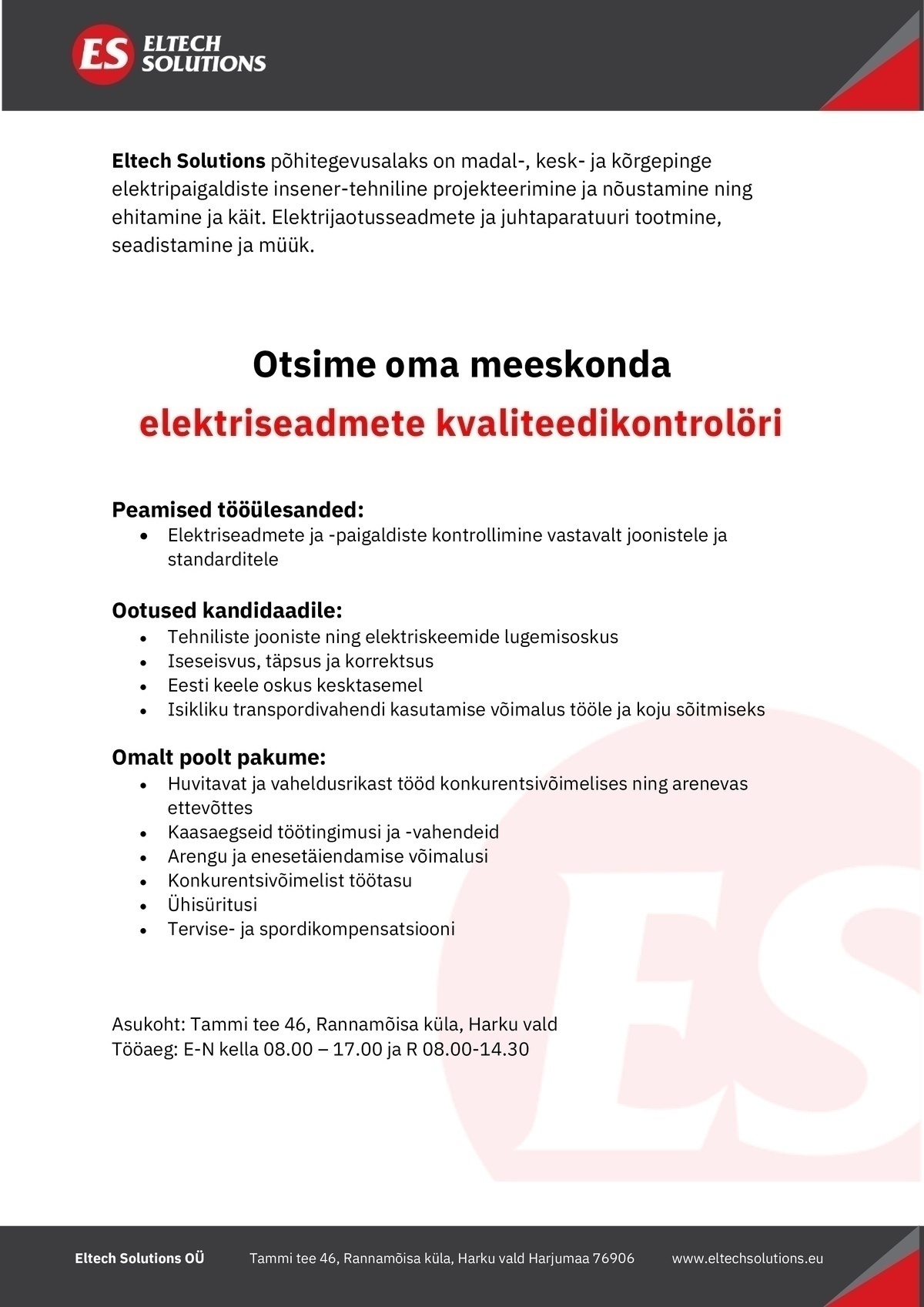 Eltech Solutions OÜ Elektriseadmete kvaliteedikontrolör