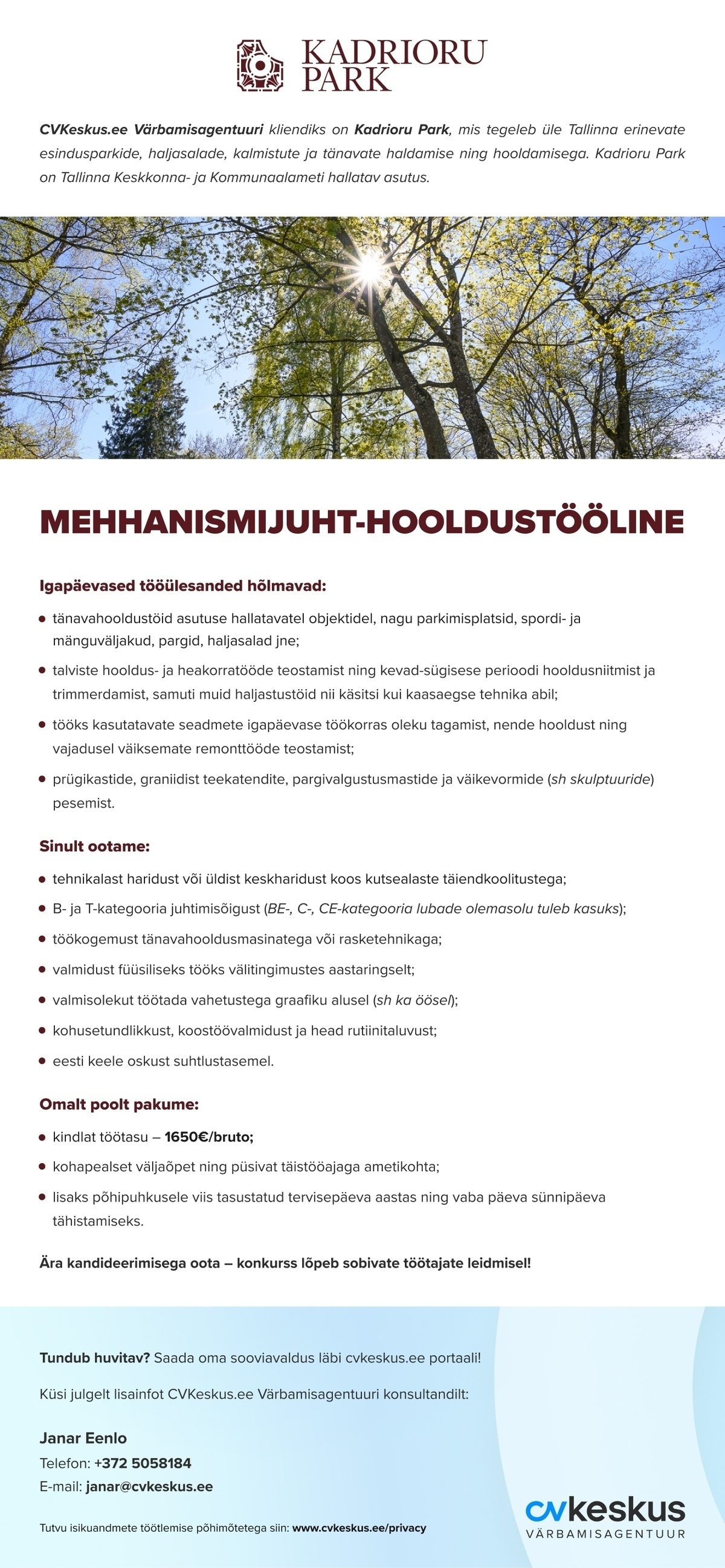 Kadrioru Park MEHHANISMIJUHT-HOOLDUSTÖÖLINE