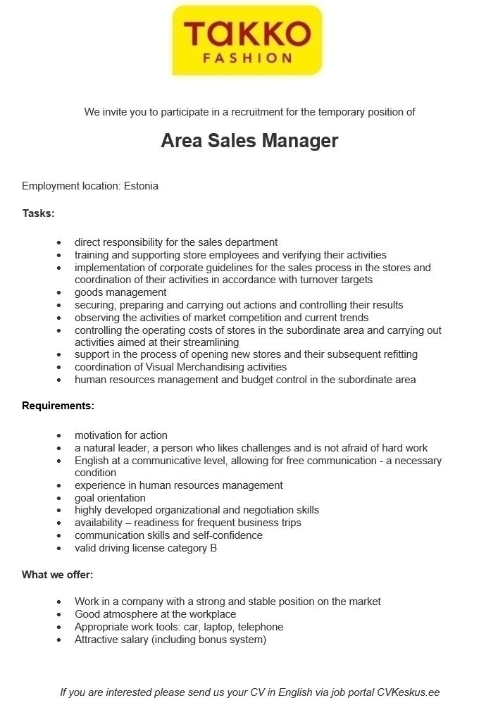 TAKKO FASHION Area Sales Manager (temporary contract)