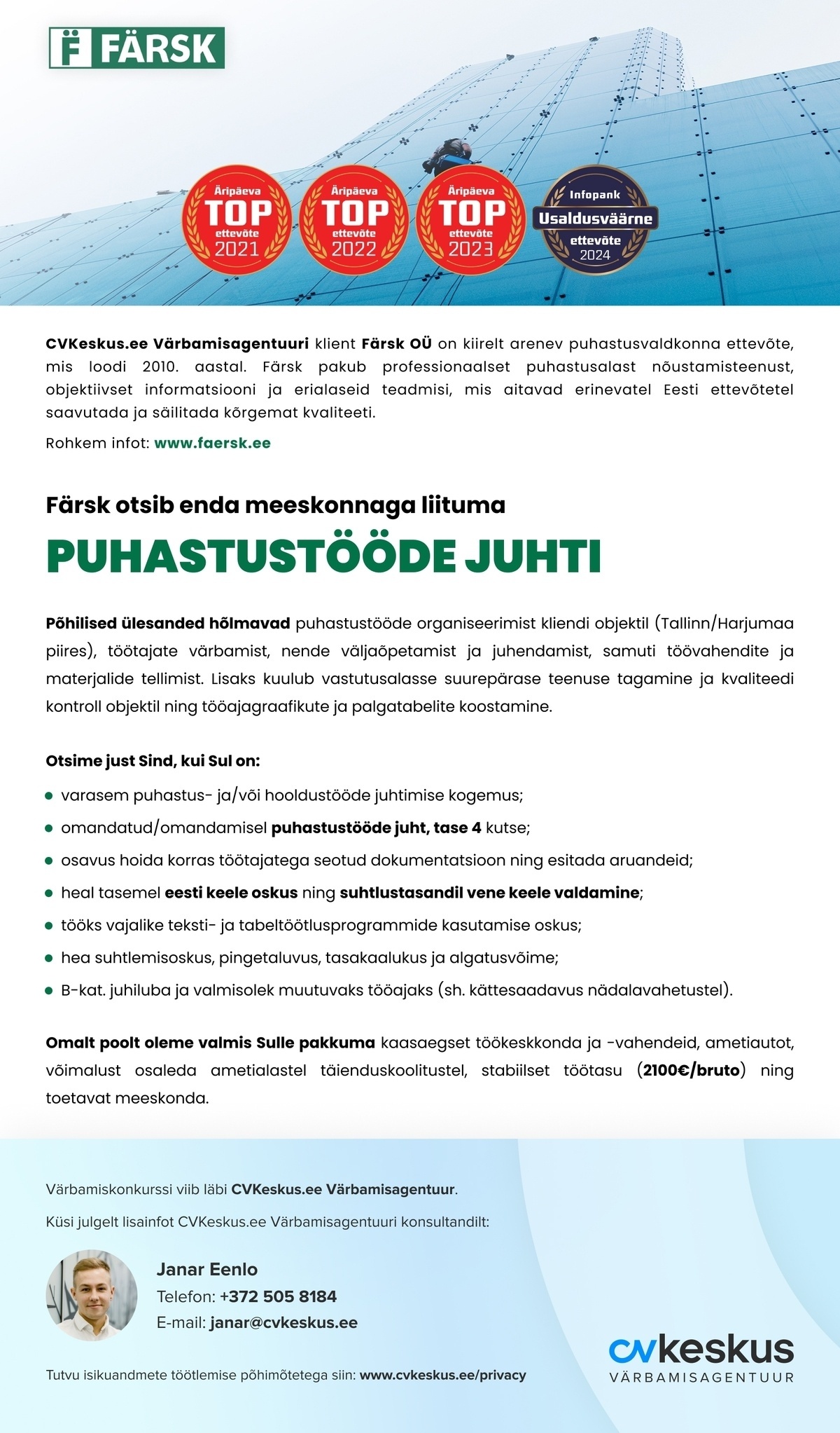 Färsk OÜ PUHASTUSTÖÖDE JUHT