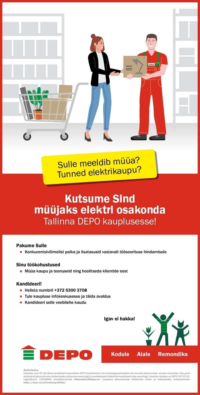 DEPO DIY EE OÜ Kutsume Sind müüjaks elektri osakonda Tallinna DEPO kauplusesse!