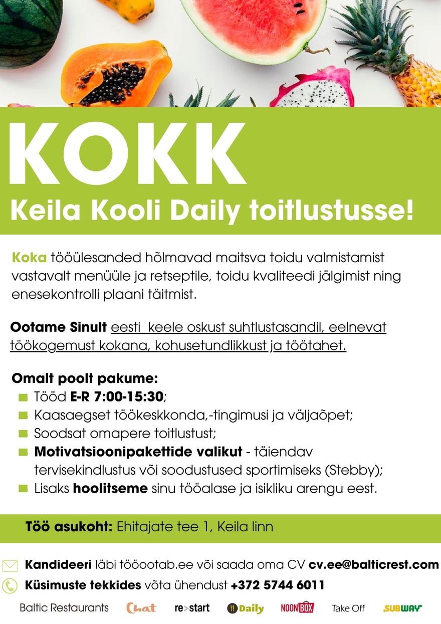 Baltic Restaurants KOKK Keila Kooli Daily toitlustusse