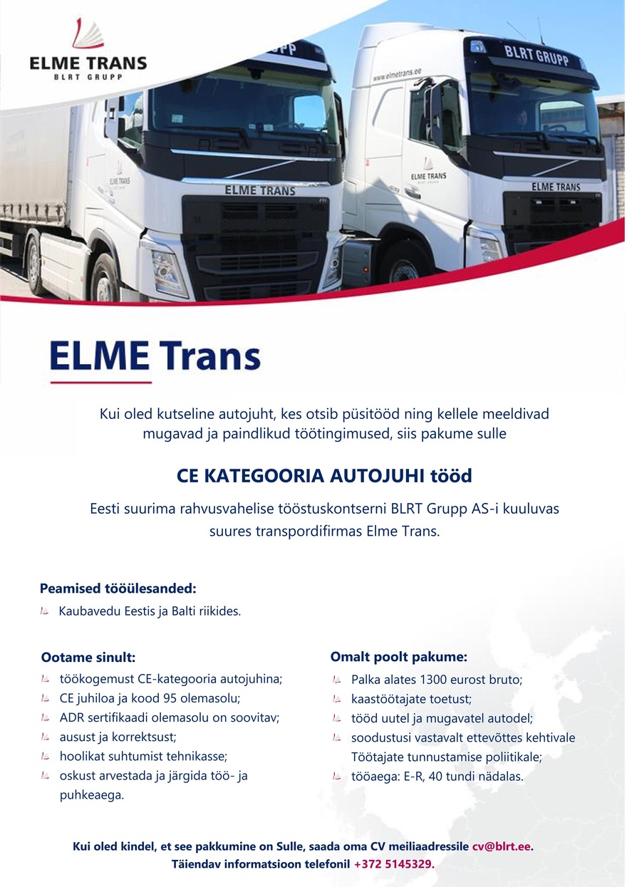 ELME Trans Veoautojuht / водитель грузовика (CE)