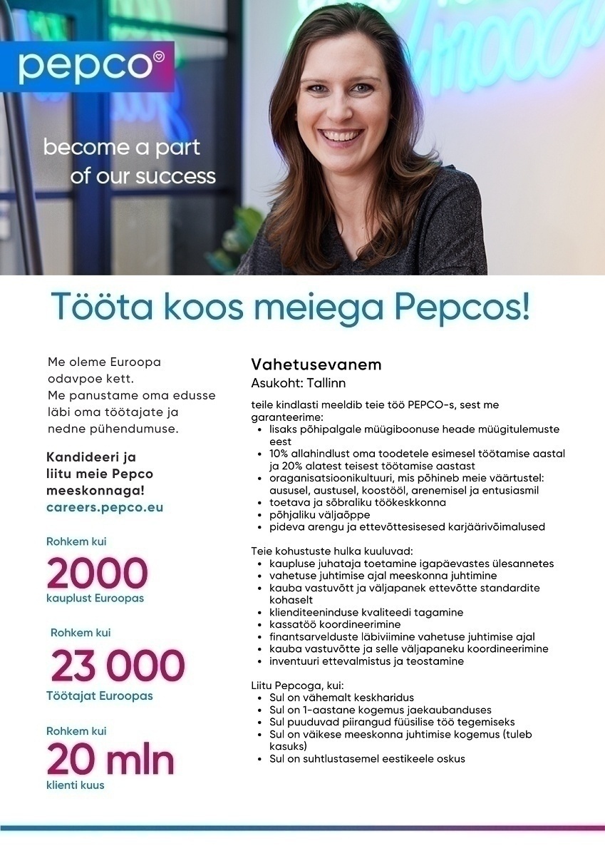 Pepco Eesti OÜ Vahetusevanem PEPCO Nurmenuku kauplusesse