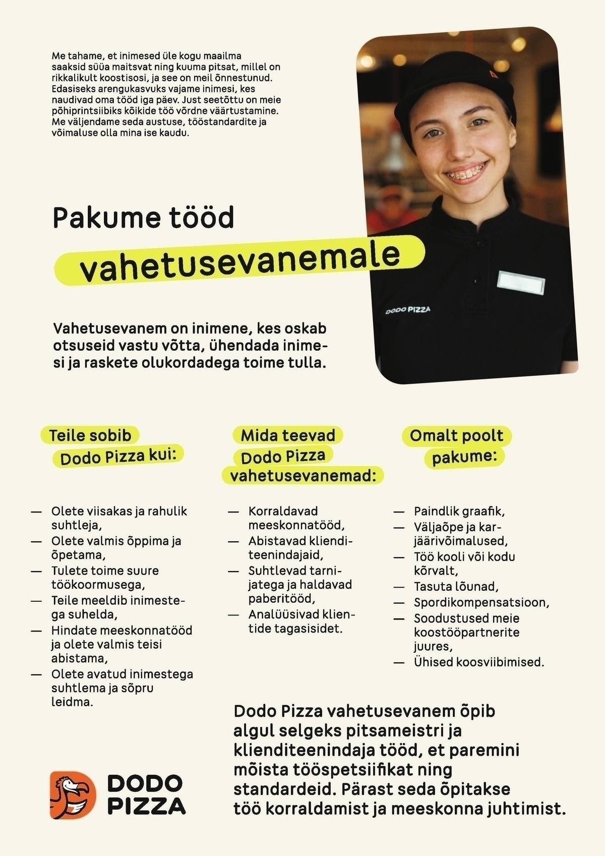 DIGILIKE OÜ Pärnu Dodo Pizza otsib vahetusevanemaid (1) ja pitsameistreid (1)