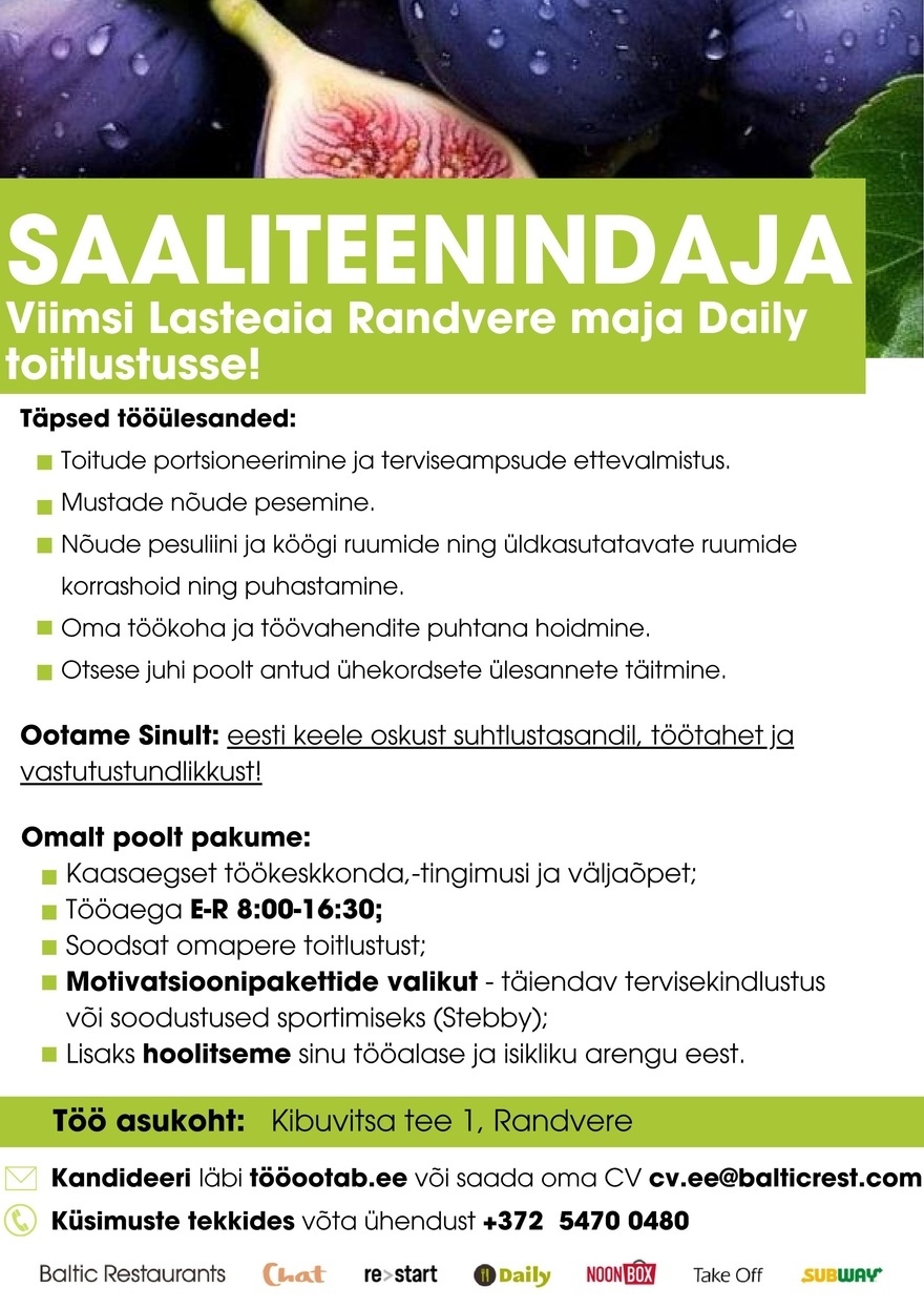 Baltic Restaurants Estonia SAALITEENINDAJA Viimsi Lasteaia Randvere maja Daily toitlustusse!