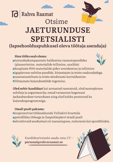 Rahva Raamat AS Jaeturunduse spetsialist (lapsehoolduspuhkusel oleva töötaja asendaja)