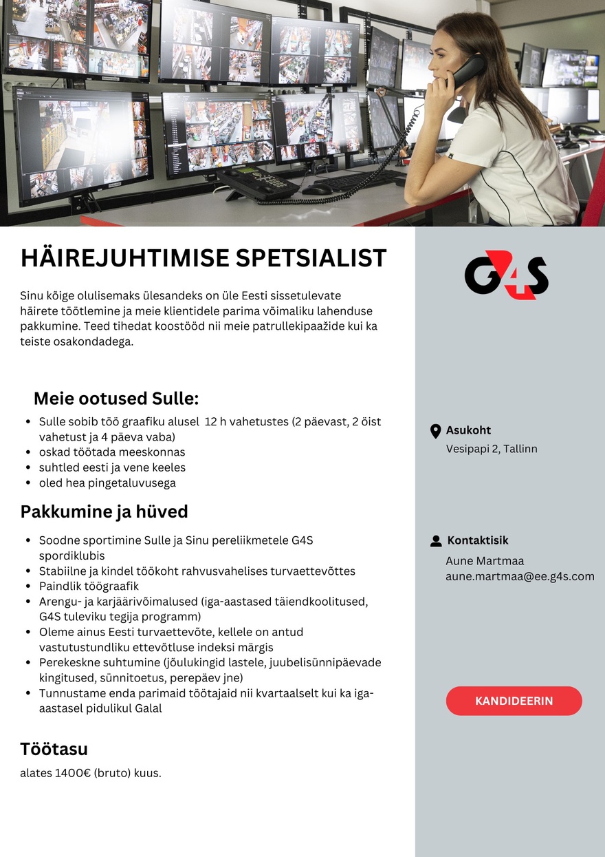 AS G4S Eesti Häirejuhtimise spetsialist