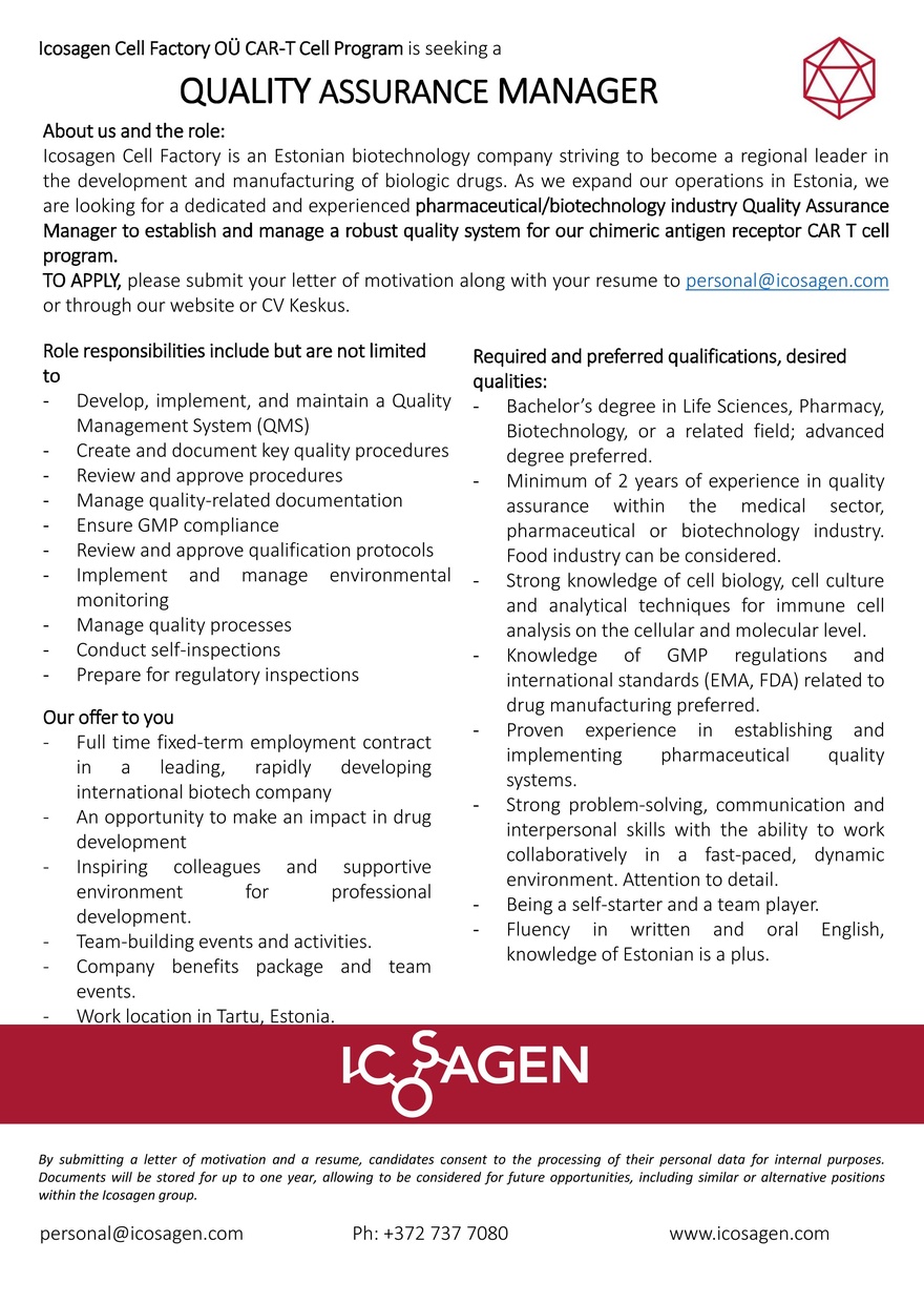 Icosagen Cell Factory OÜ QUALITY ASSURANCE MANAGER